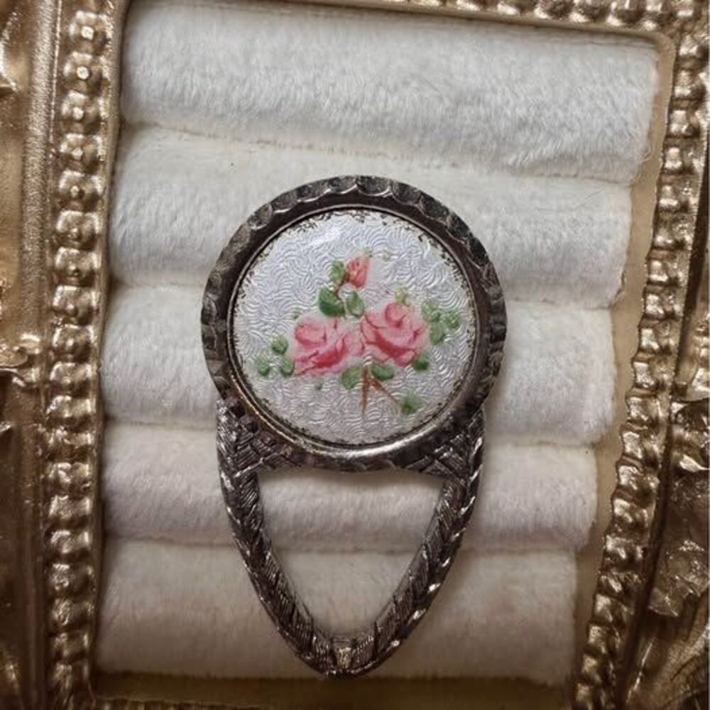 Vintage Custom Craft True Guilloché Enamel Eyeglass Holder Brooch, Hand Painted